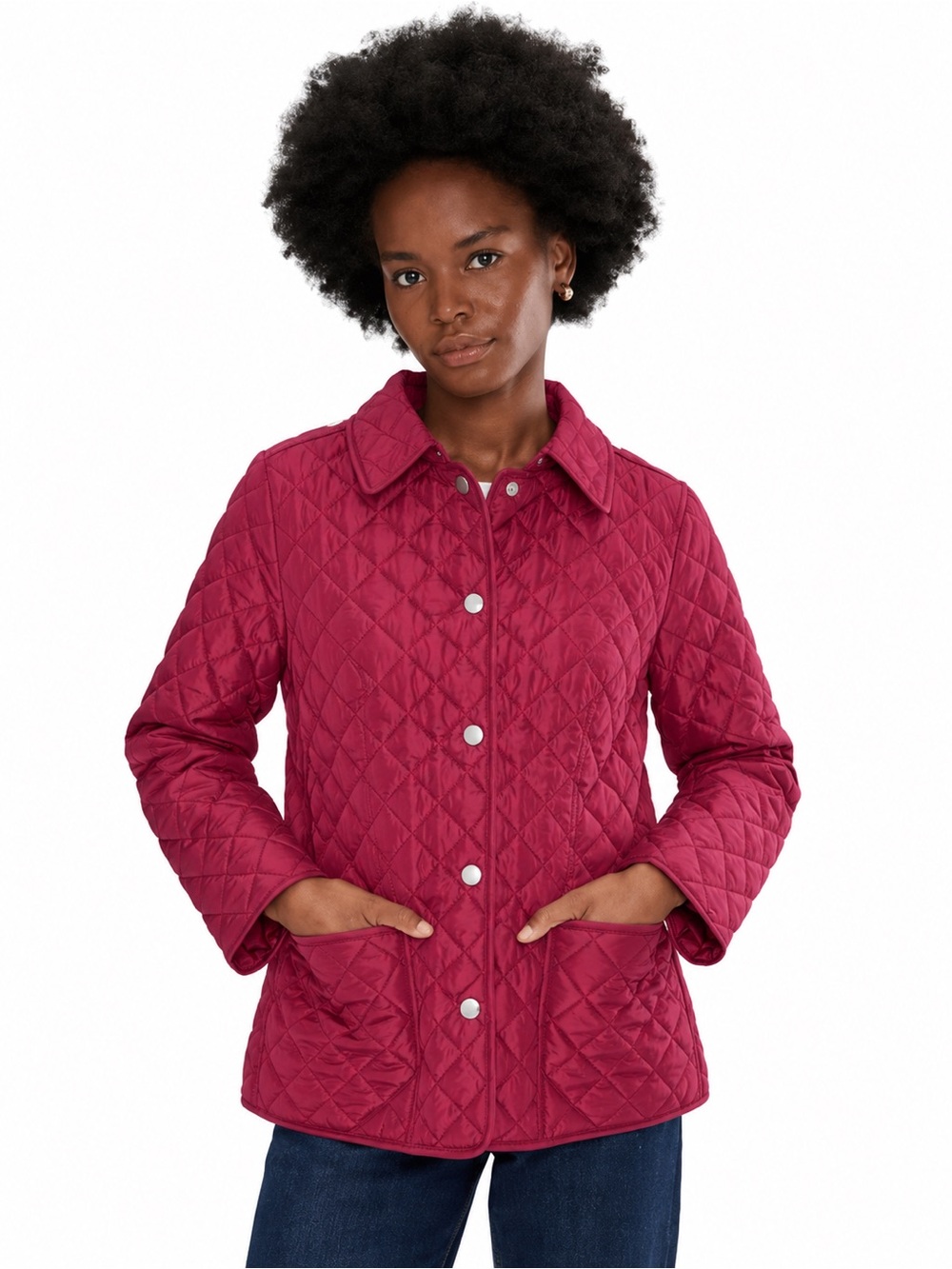 L.L. Bean Quilted Snap-Front Jacket in Deep Raspberry